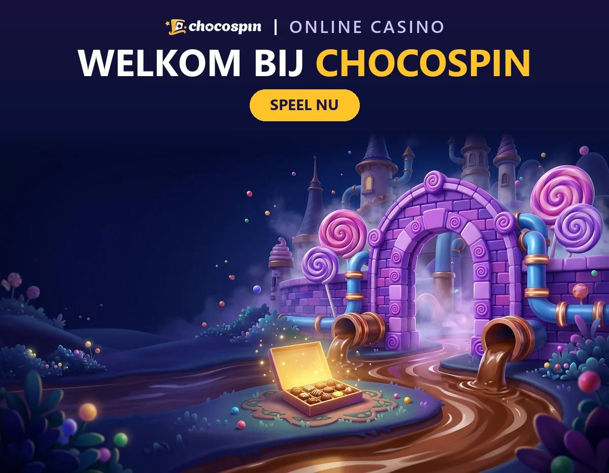 Ingang van een magische chocoladefabriek met een paarse poort en een glanzende doos pralines